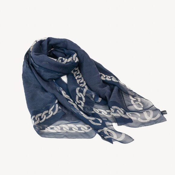 Chanel Navy Gauze & Chiffon CC Chainlink-Border Scarf - Picture 1 of 4